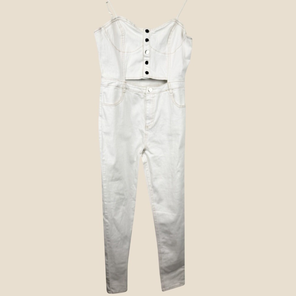 Fashion Nova Jolleen Denim Jumpsuit Womens Large White Corset Cutout NWT